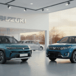 Two Suzuki SUVs in showroom display.
