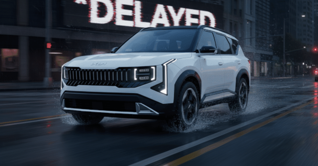 White SUV driving in rainy city