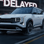 White SUV driving in rainy city