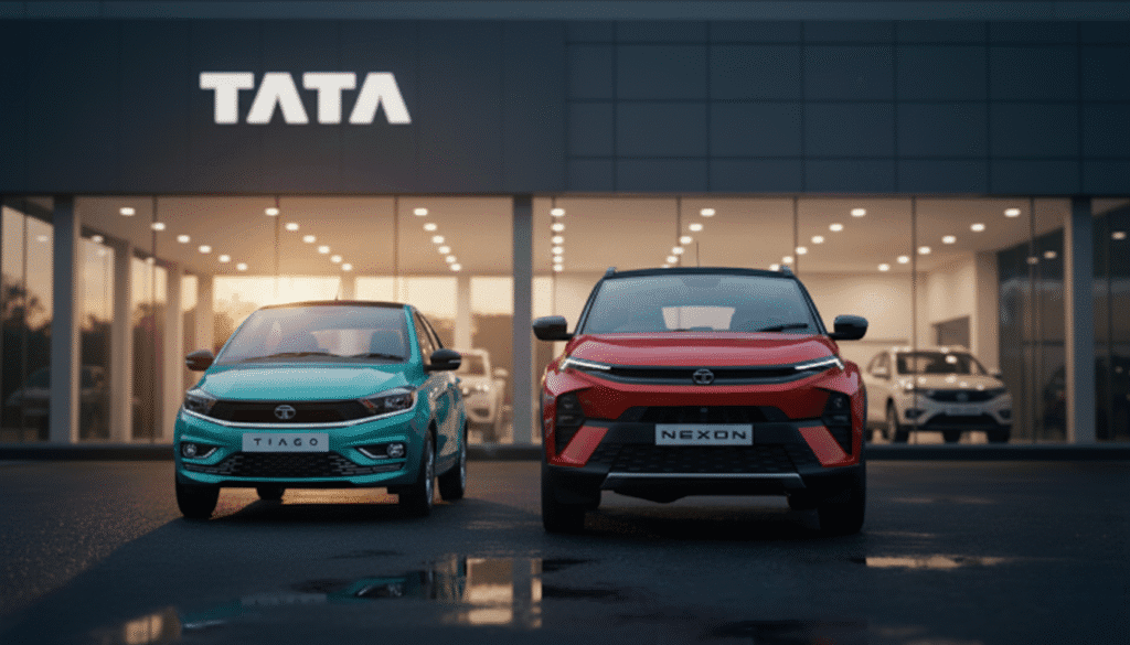 Tata cars displayed in showroom.
