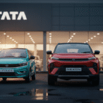 Tata cars displayed in showroom.