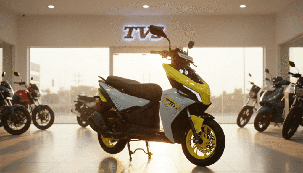 Yellow and white scooter in showroom