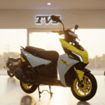 Yellow and white scooter in showroom
