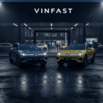 Two VinFast cars in showroom.