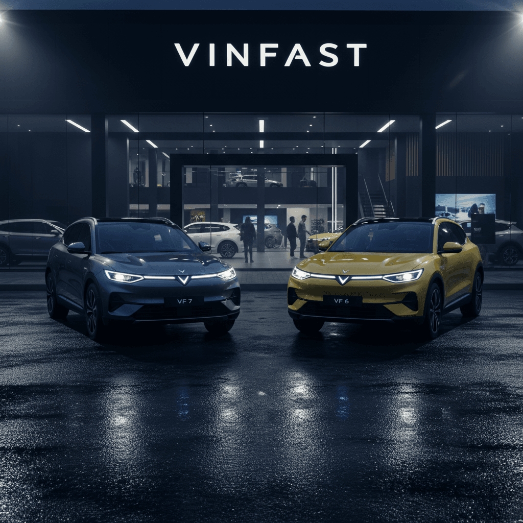 VinFast VF6 & VF7 Electric SUVs Launched in India: Prices Start at Rs 16.49 Lakh 5 Two VinFast cars in showroom.