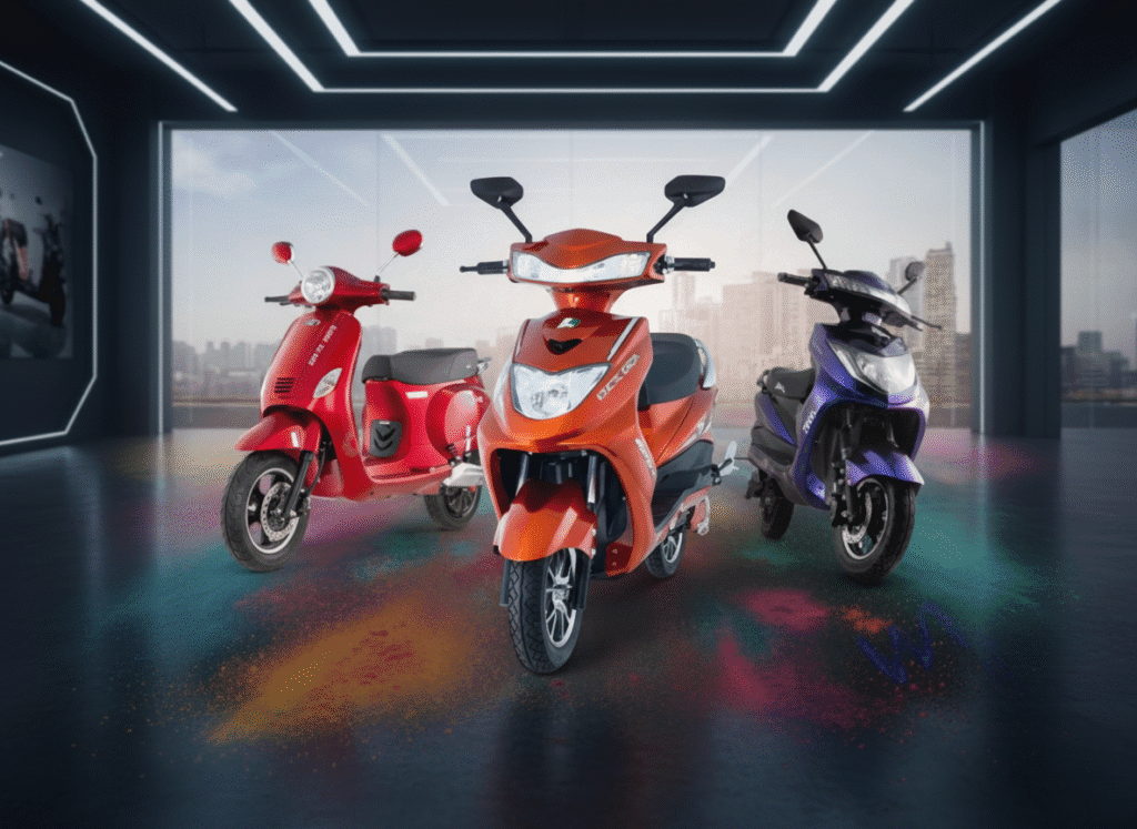 Kinetic Green Sales Hit 8,000 Units; New Premium E-Scooter Coming Soon 4 Three colorful scooters in showroom