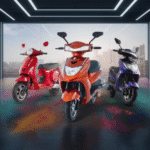 Kinetic Green Sales Hit 8,000 Units; New Premium E-Scooter Coming Soon 5 Three colorful scooters in showroom