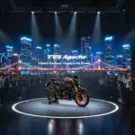 Motorcycle launch event with audience.