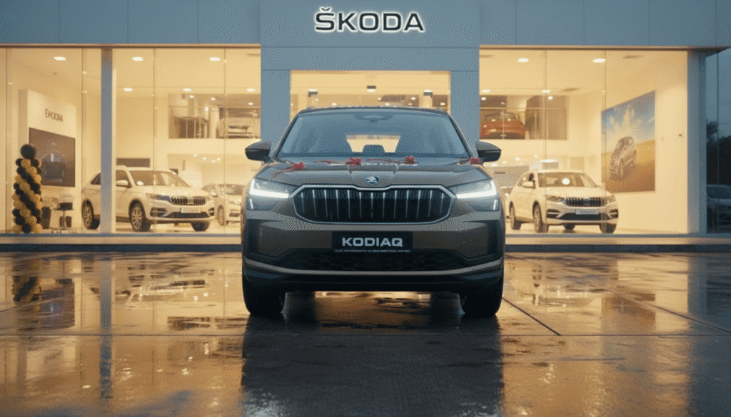 Skoda in front of showroom