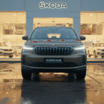 Skoda in front of showroom